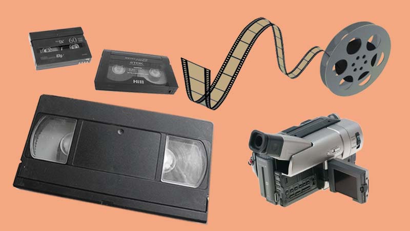 Media Transfer Services: Montage shows video tape, cine film and other video formats transferred to digital files